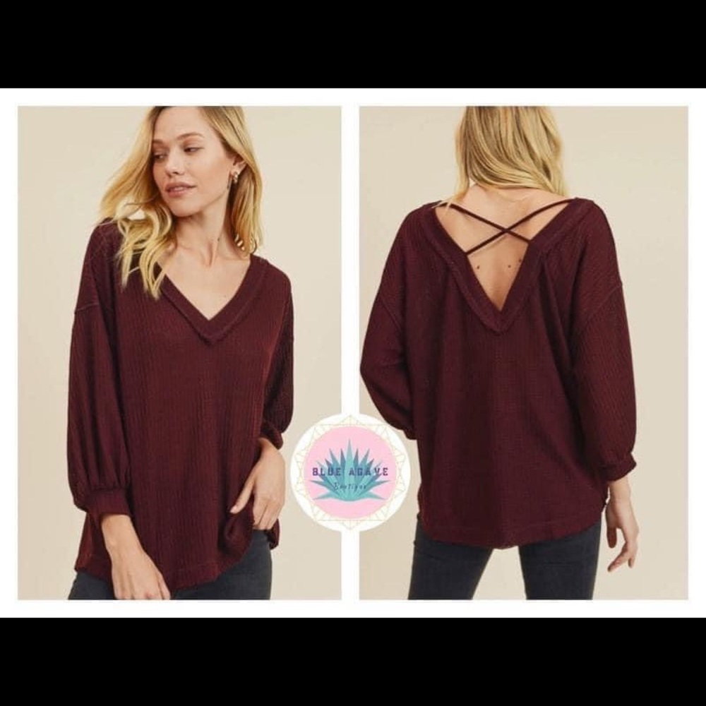 ~in loom~ burgundy 3/4 waffle knit cross back top